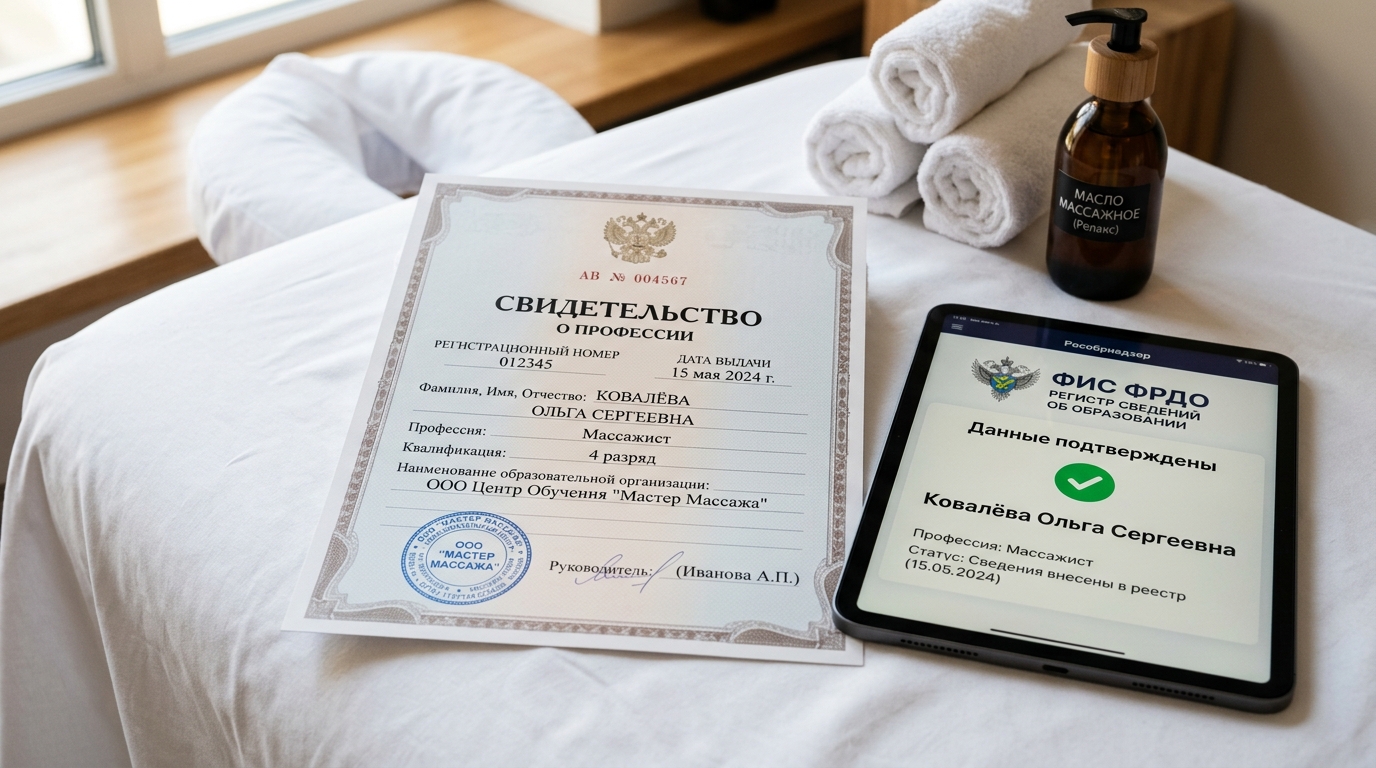 Свидетельство о профессии массажиста и проверка в реестре ФИС ФРДО